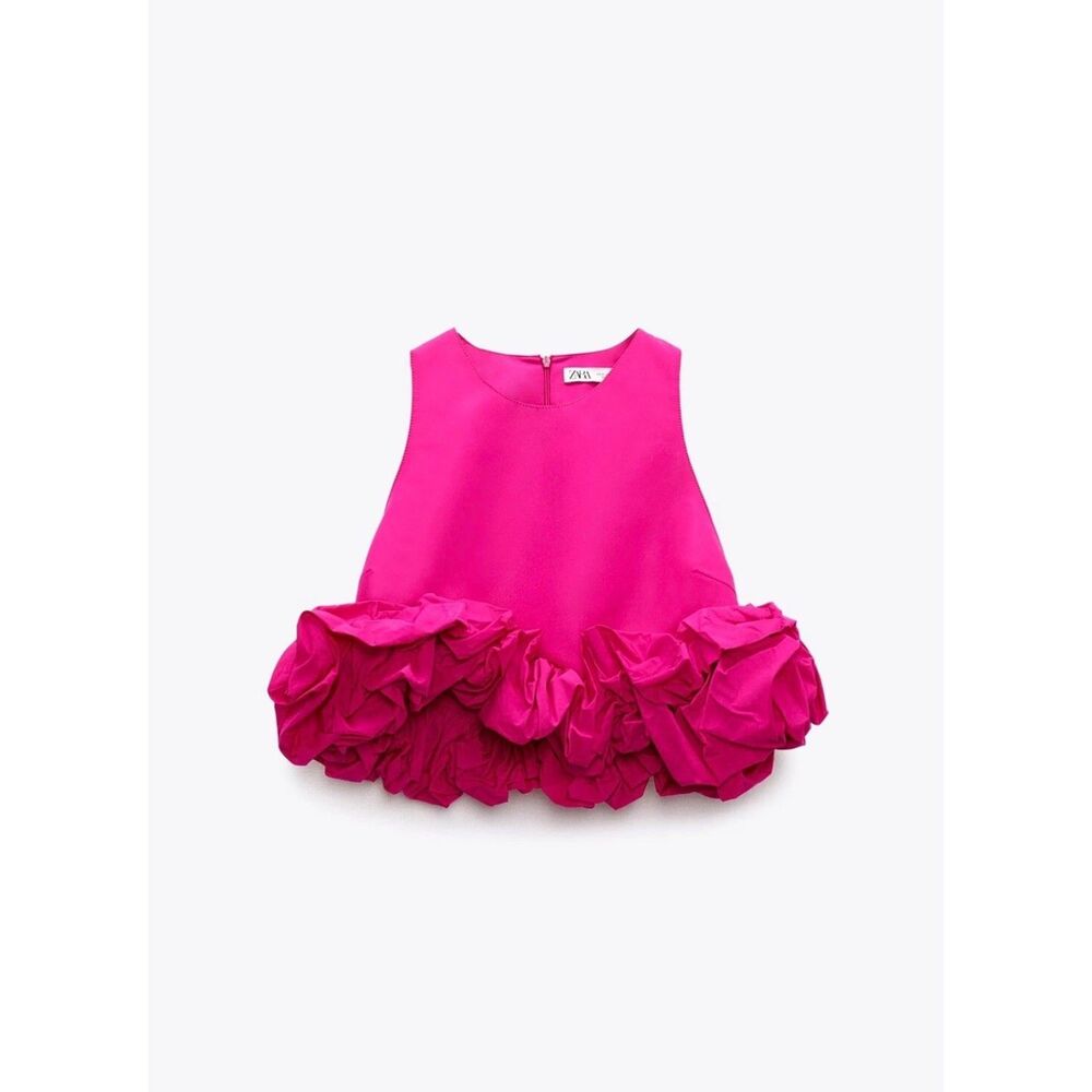 Zara Limited Edition Voluminous Ruffle Hem Crop Top Fuchsia Pink XS EUC - Picture 3 of 9